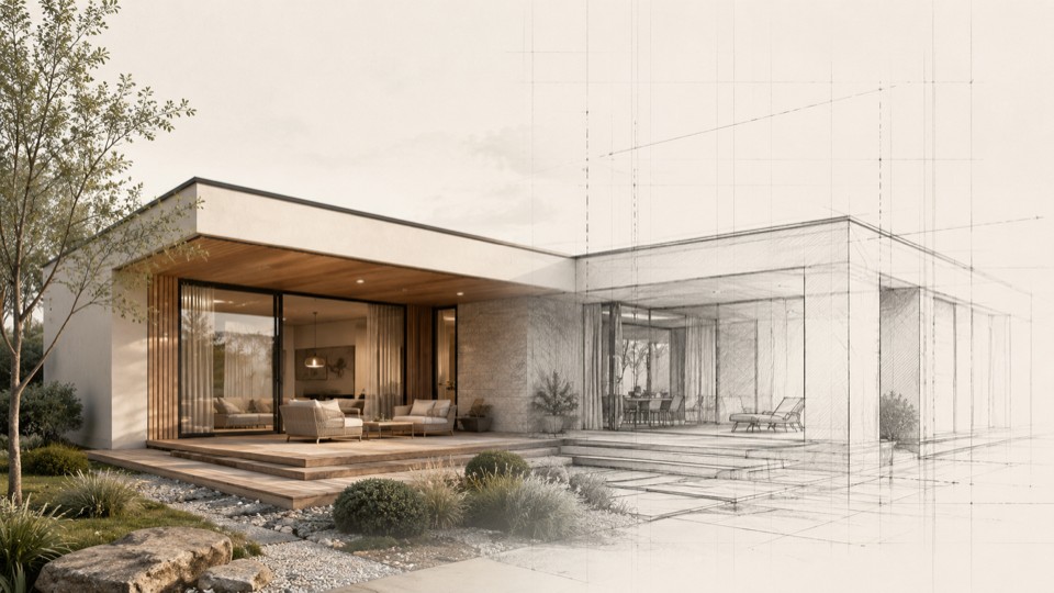 Namo su vidiniu kiemu architektūrinės krypties vizualizacija, pereinanti iš realistinio vaizdo į eskizą.