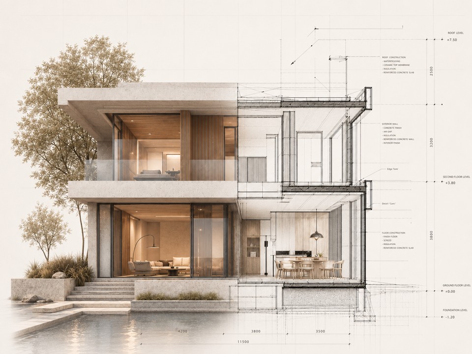 Sudėtingam sklypui pritaikytos architektūrinės krypties vizualizacija, pereinanti iš realistinio vaizdo į eskizą.