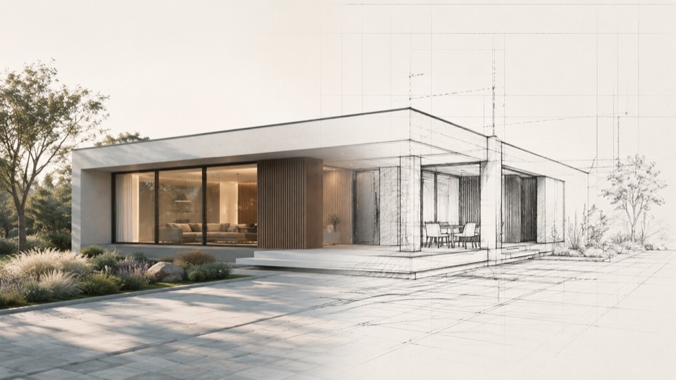 Kompaktiško vieno aukšto namo architektūrinės krypties vizualizacija, pereinanti iš realistinio vaizdo į eskizą.