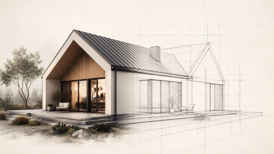 Namo, kuriame susijungia vidus ir aplinka, architektūrinės krypties vizualizacija, pereinanti iš realistinio vaizdo į eskizą.