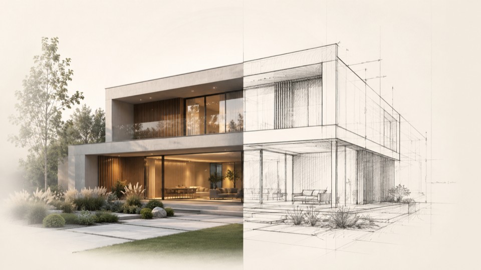 Dviejų aukštų šeimos namo architektūrinės krypties vizualizacija, pereinanti iš realistinio vaizdo į eskizą.
